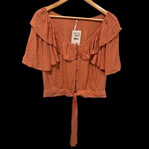 NWT Free People Rosemary Orange/Peach Striped Front Tie Top Sz L Boho Summer